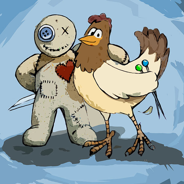 Voodoo craze - a voodoo doll and chicken embrace each other while holding knives and pins.