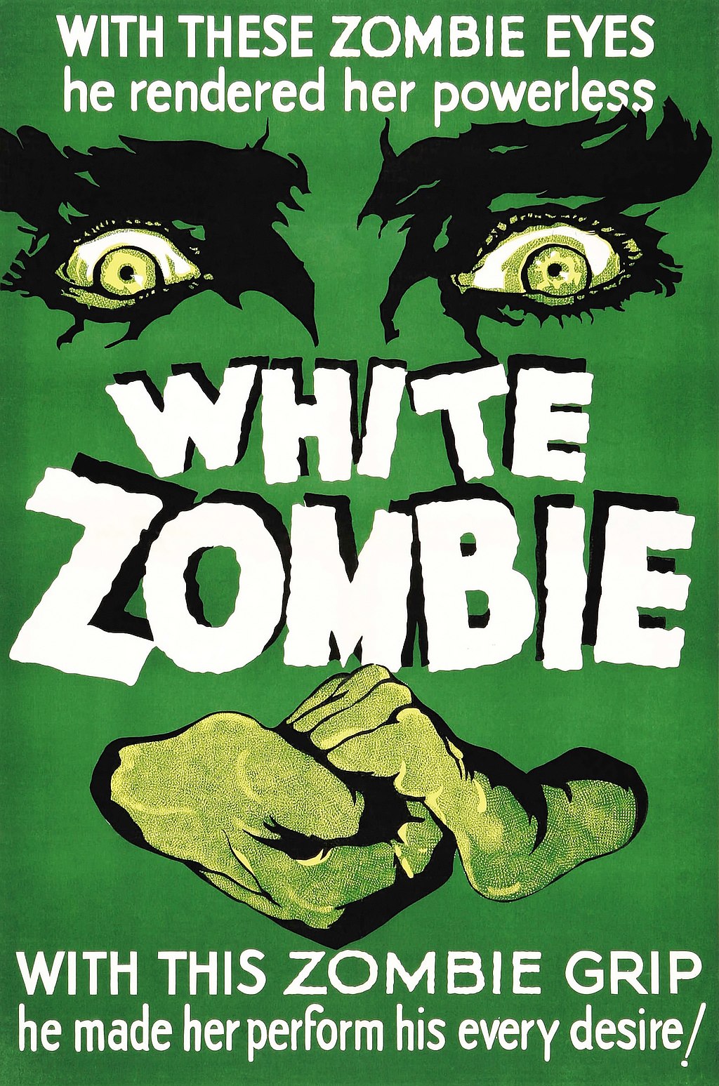 White zombie movie poster with creepy eyes looking over logo