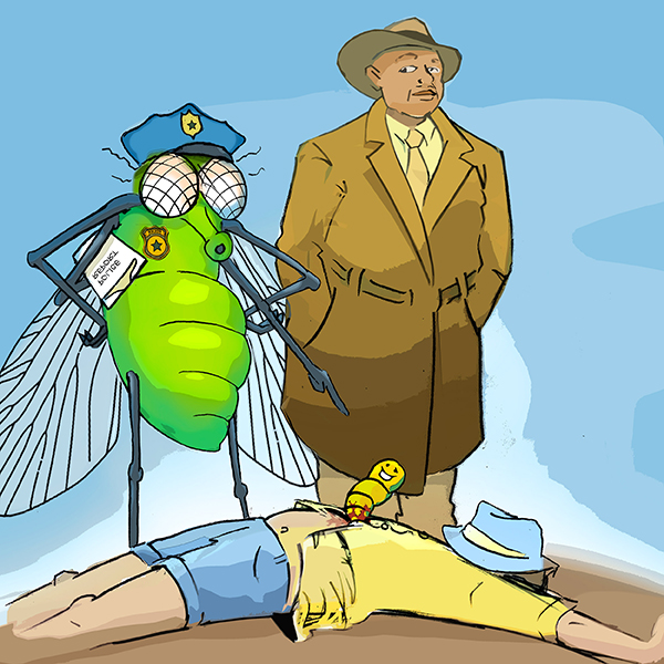 A hardboiled detective looks at a A fly dressed as a police officer, pointing down at a maggot smiling from the belly of a dead person