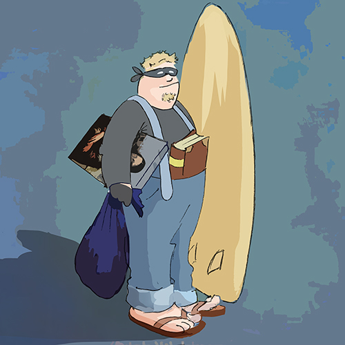 eye-masked Crook holding surfboard, Mona Lisa, and a large book in his pants.