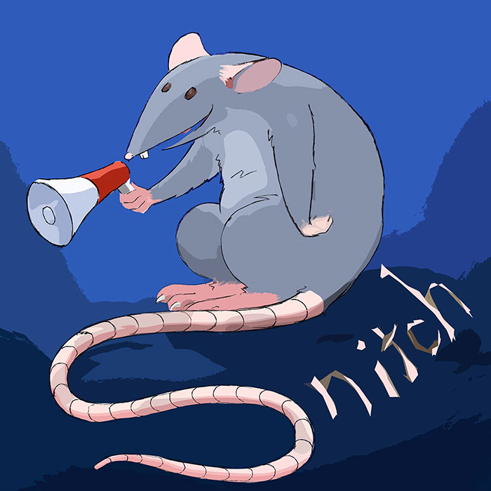 Rat holding a bullhorn. It's tail forms the 'S' in Snitch