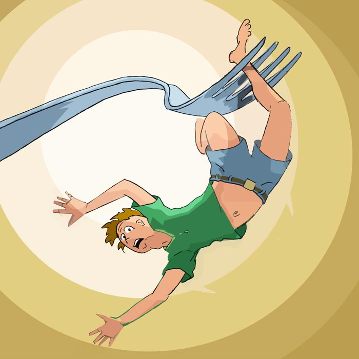 man dangling from a dinner fork, caught by his ankle