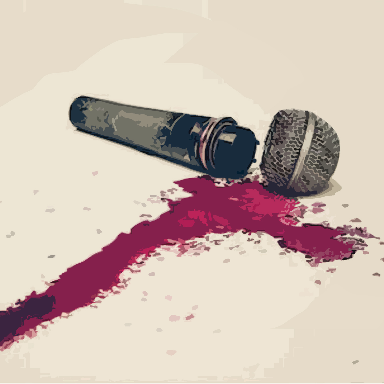 broken microphone with blood seeping out
