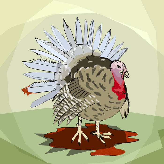 Turkey with tail feathers made of knives